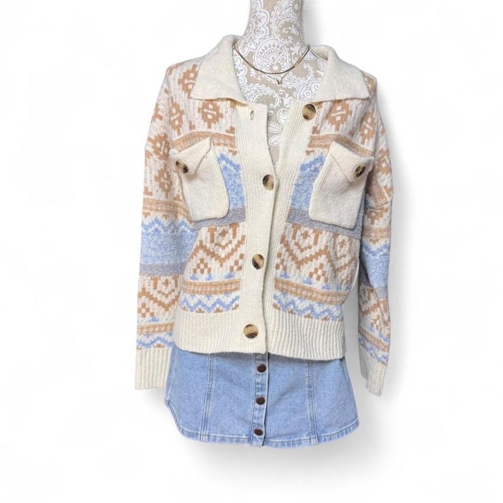 Vintage Inspired Cozy Knit Button Up Cardigan Sweater Boho Cottagecore Y2K Aztec - Picture 3 of 8